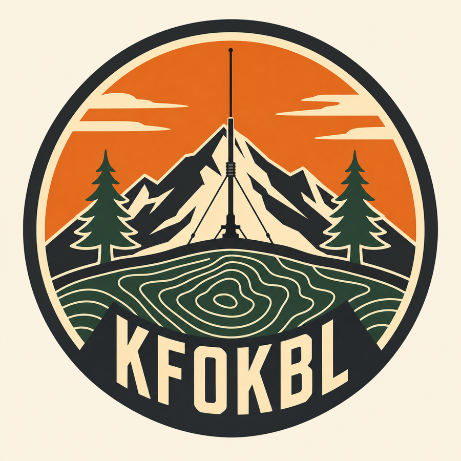 KF0KBL mountain, field antenna, pine trees, and topographic map badge