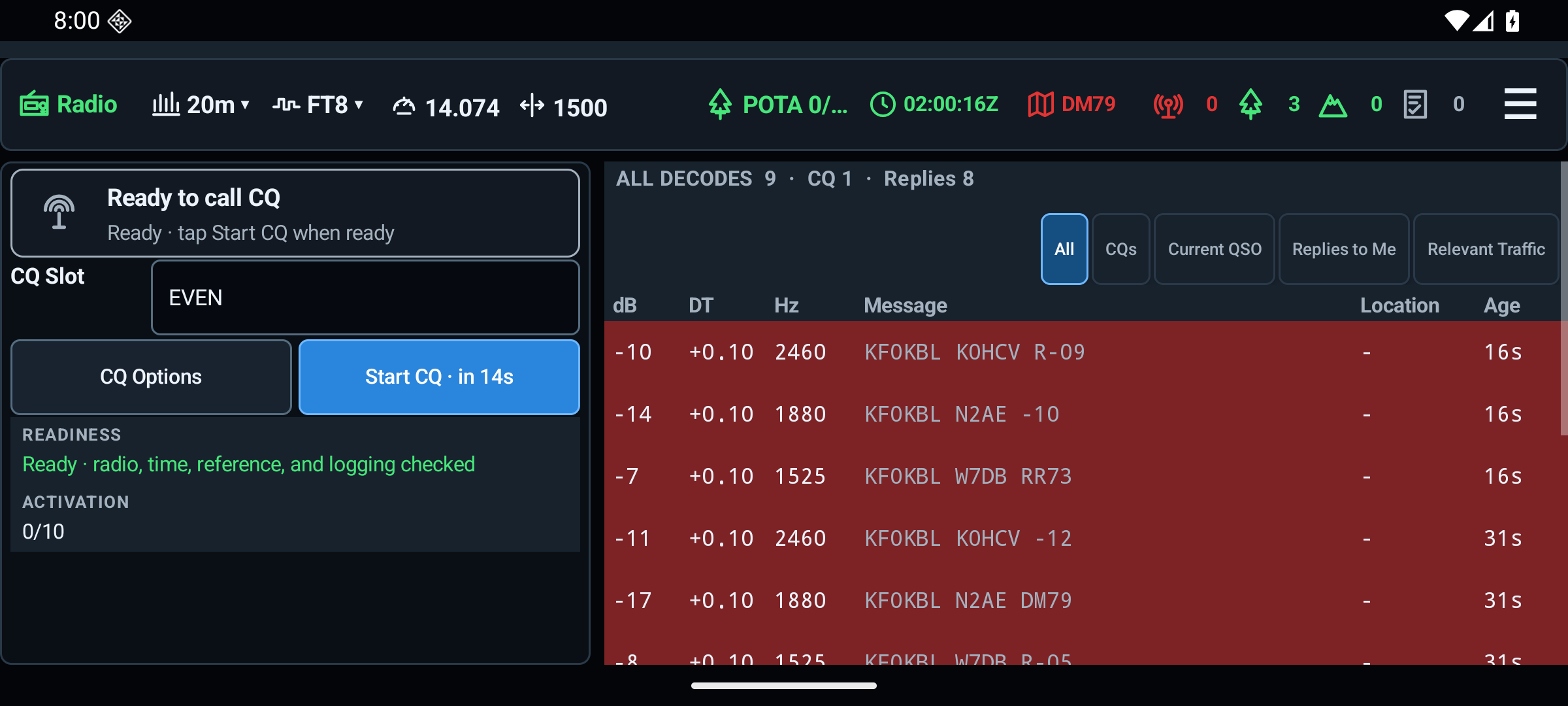 CQFTx POTA activation interface on an Android tablet in landscape orientation