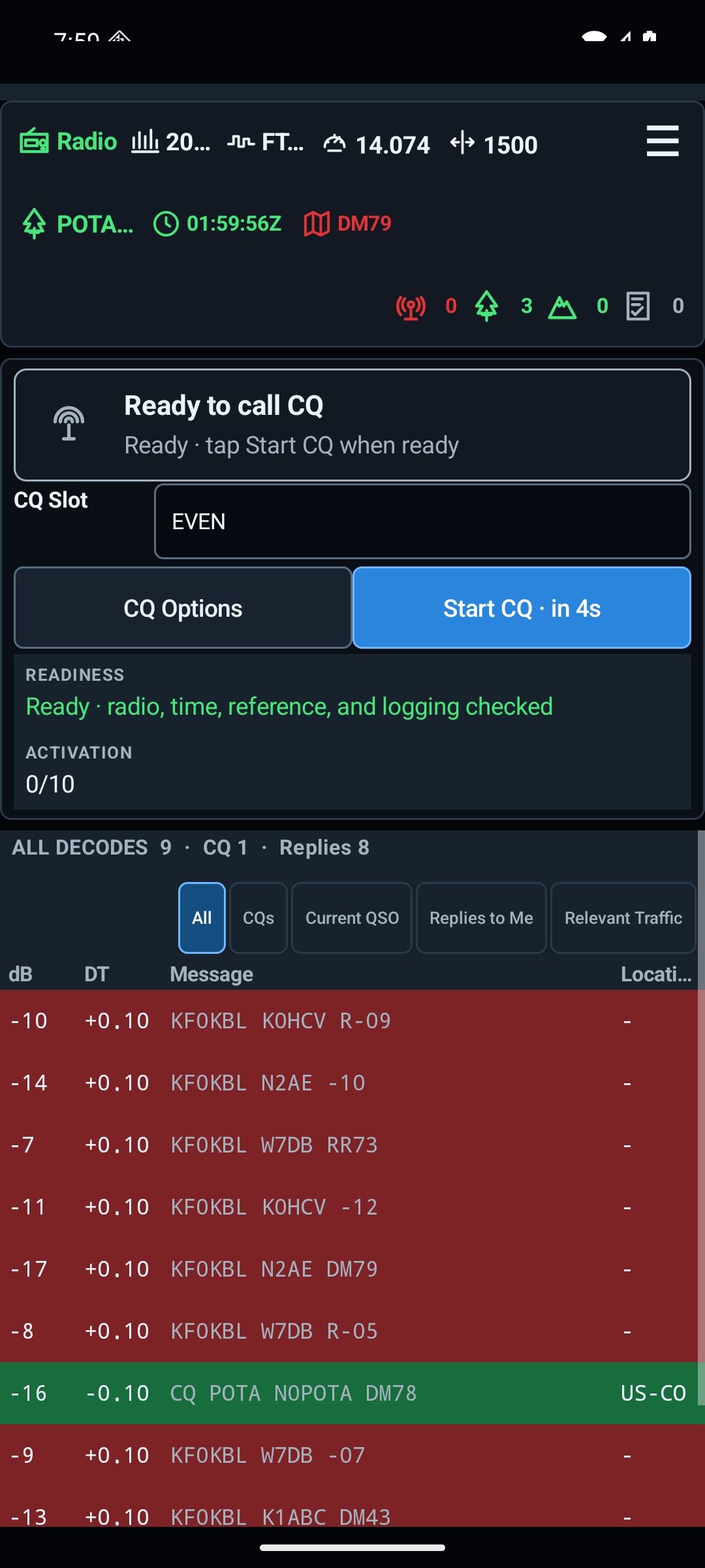 CQFTx POTA activation interface on an Android phone in portrait orientation