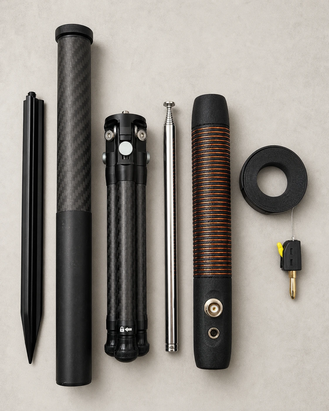 The packed Hamdo system laid out with tripod, mast, telescopic whip, antenna body, counterpoise reel, and accessories