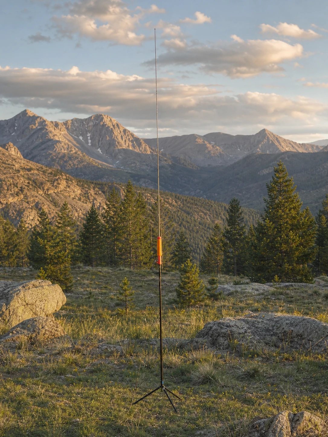 Hamdo antenna fully deployed outdoors on its tripod, mast, and telescopic whip