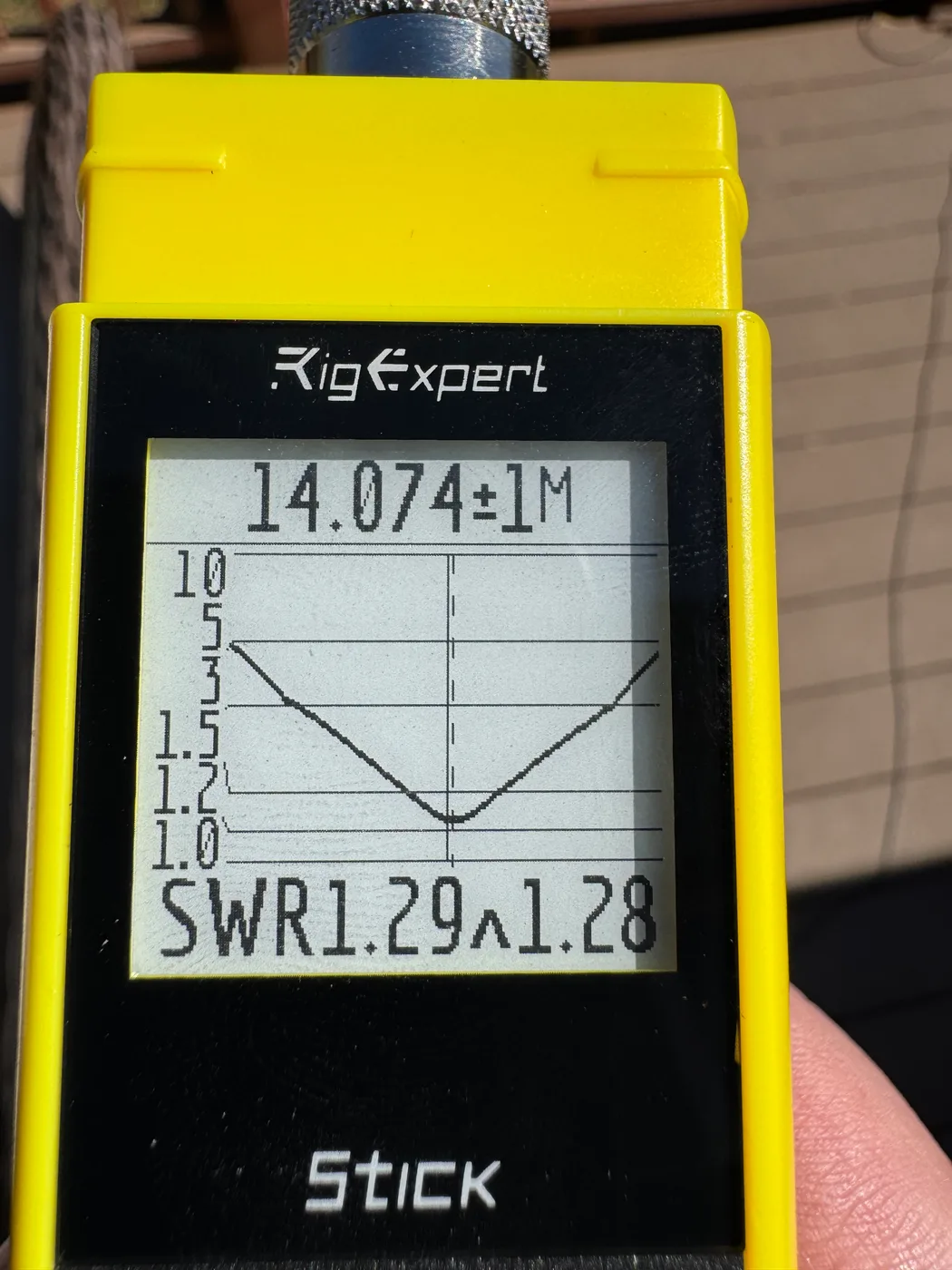 RigExpert analyzer showing an SWR sweep centered on 14.074 MHz