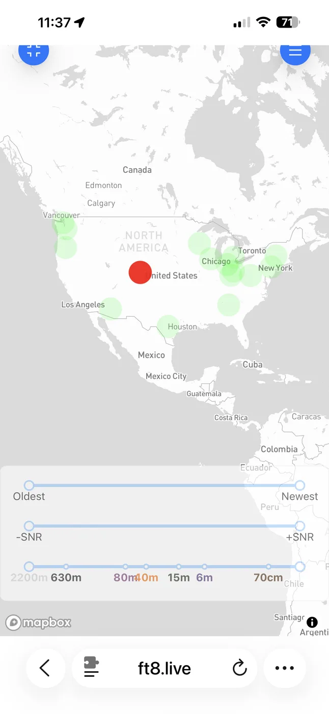 ft8.live map showing Hamdo reception reports across North America during a 100-watt test
