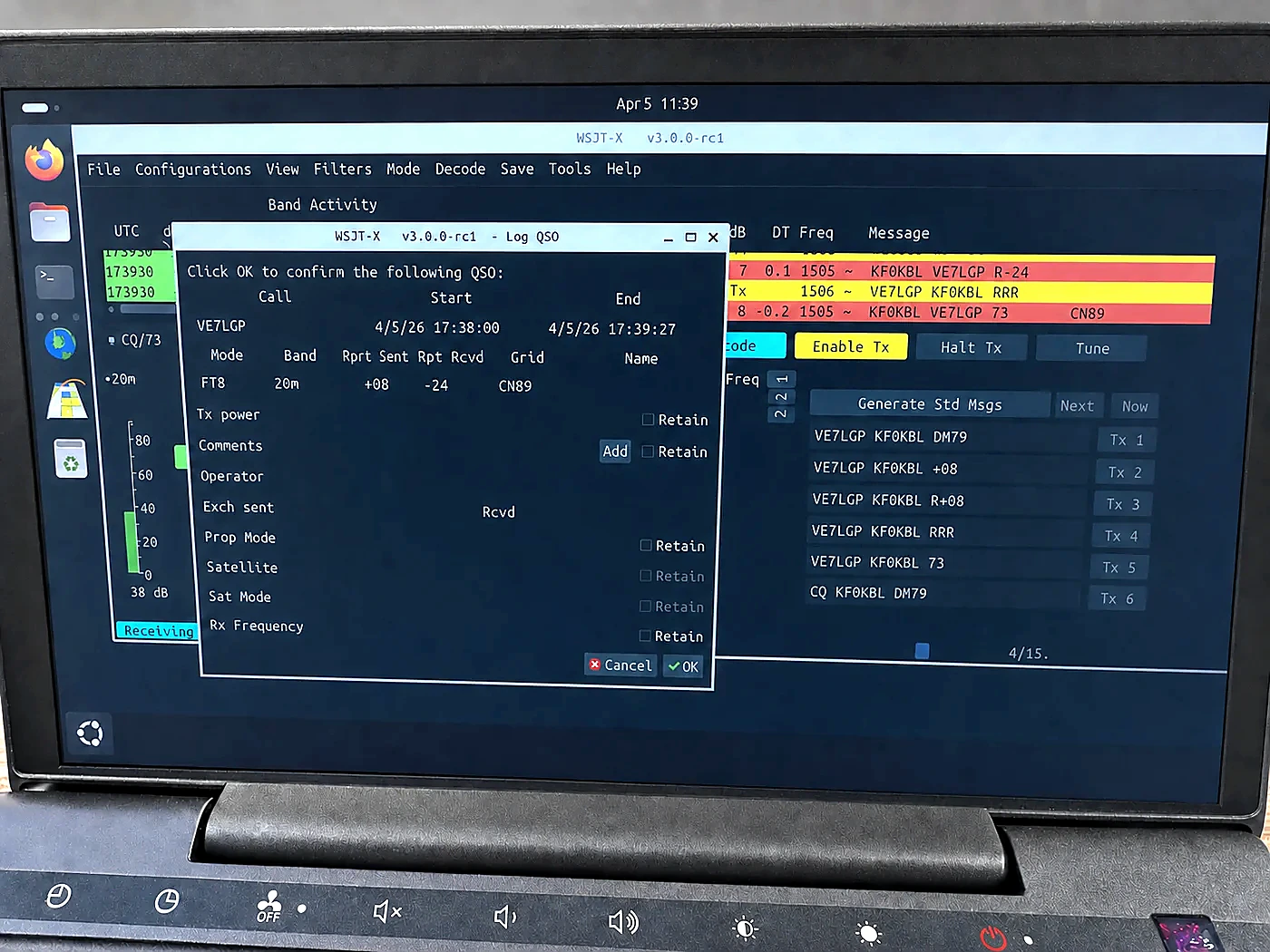Glare-free view of WSJT-X logging a completed 20-meter FT8 contact between KF0KBL and VE7LGP